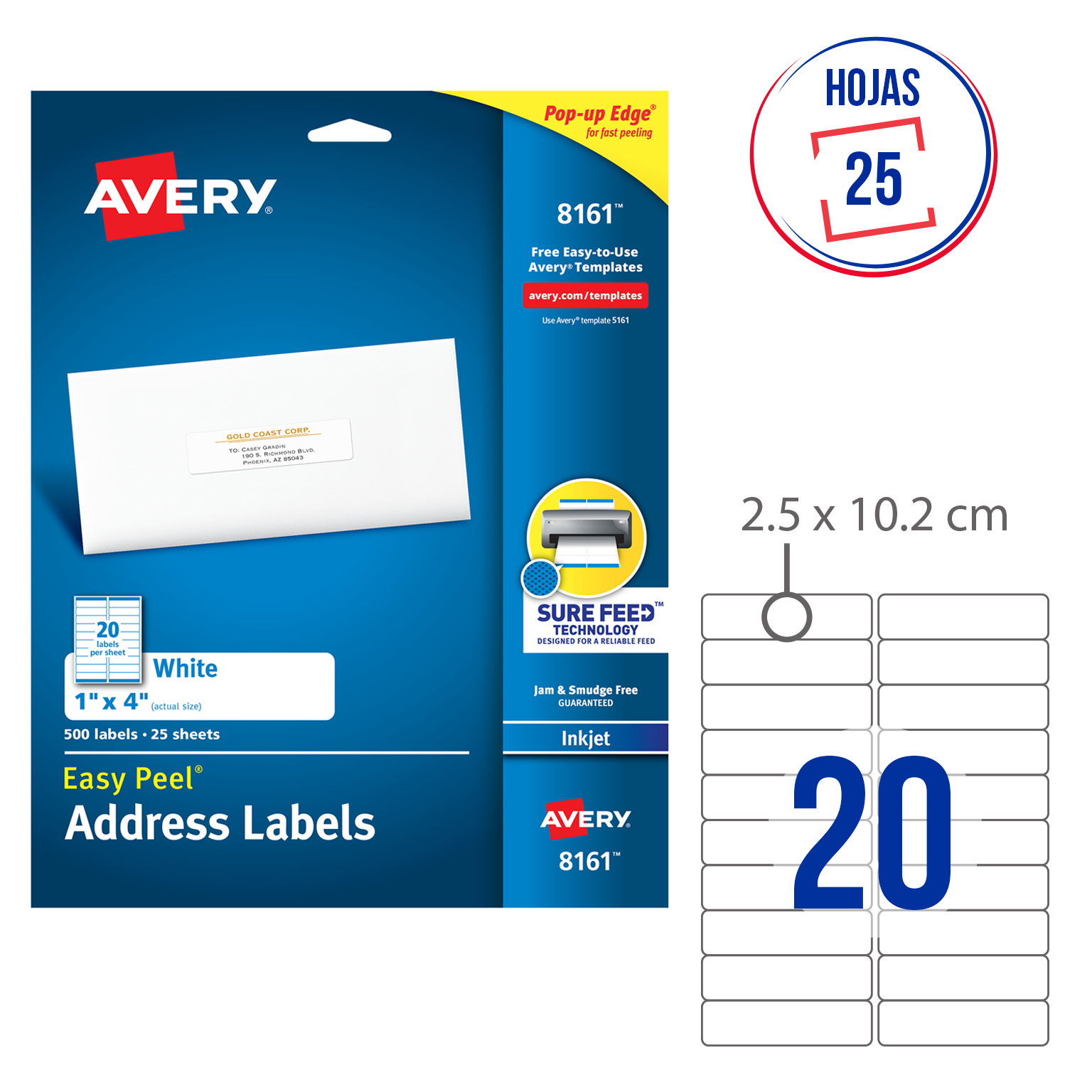  ETIQUETA AVERY 8161 2.5X10.2 BL INKJET 20XHJ 25HJ 